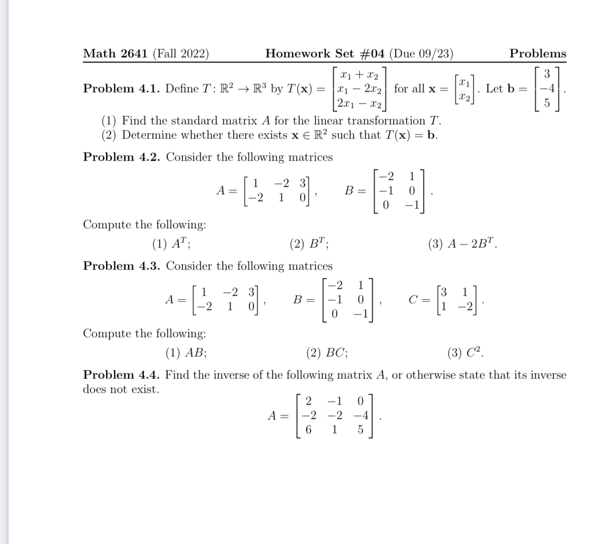 Math 2641 (Fall 2022) Homework Set #04 (Due 09/23) Problems Problem