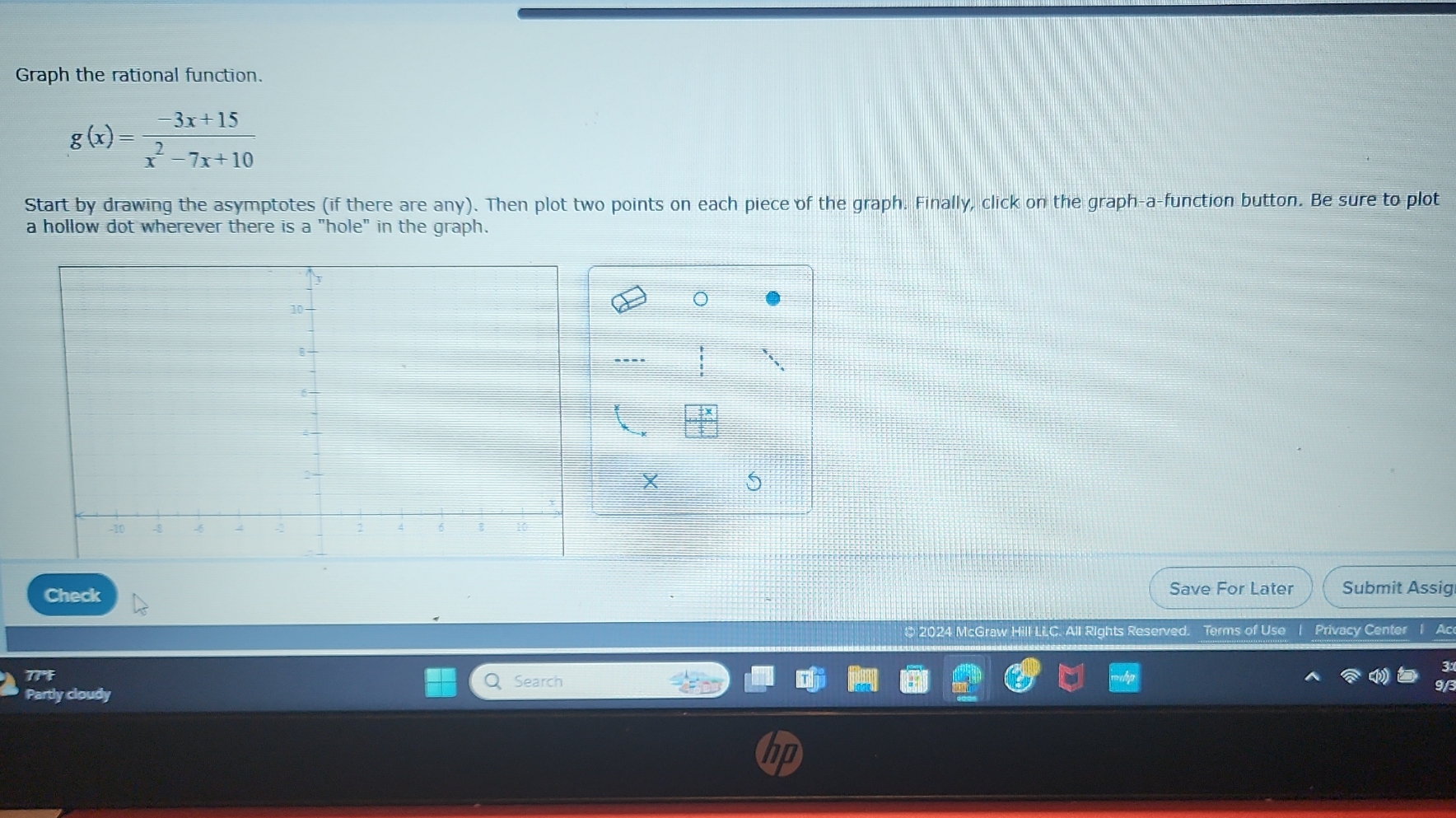How to graph the rational function Correctly Graph the rational function. -3x+15