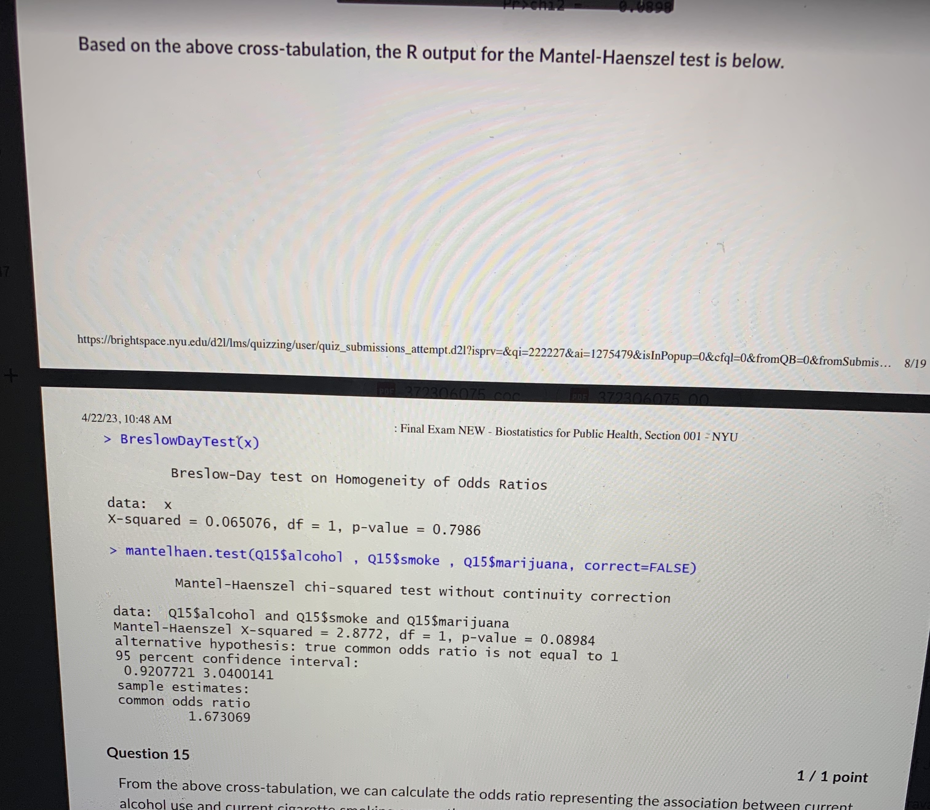 association between current alcohol drinking (1= yes, 0 = no), current cigarette