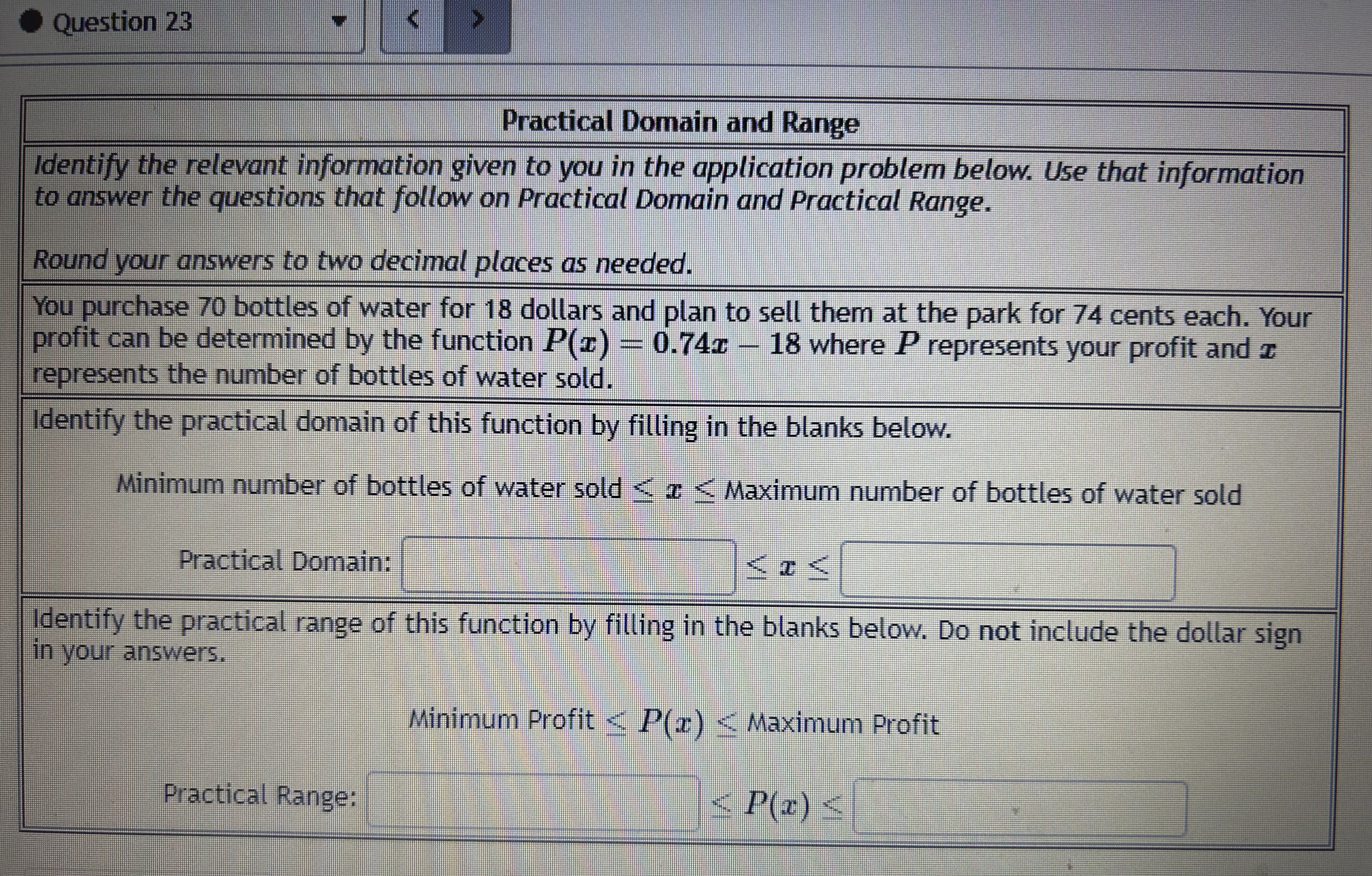 Question 23 Find the minimum and maximum profit? Question 23 Practical Domain