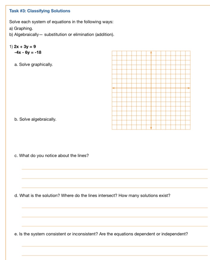 please help me Task #3: Classifying Solutions Solve each system of equations