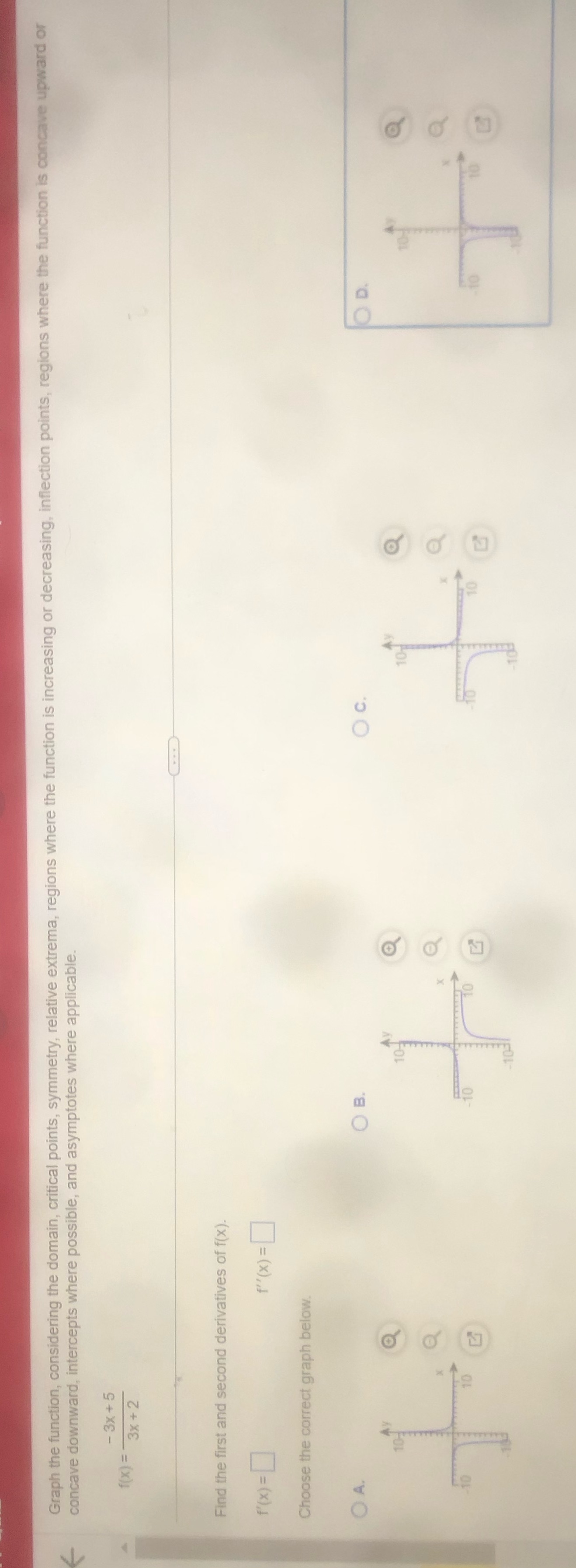 Help Graph the function, considering the domain, critical points, symmetry, relative extrema,