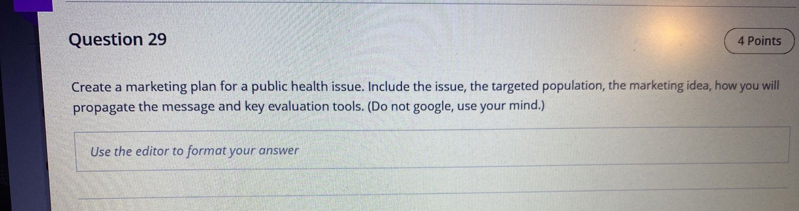 Question 29 4 Points Create a marketing plan for a public