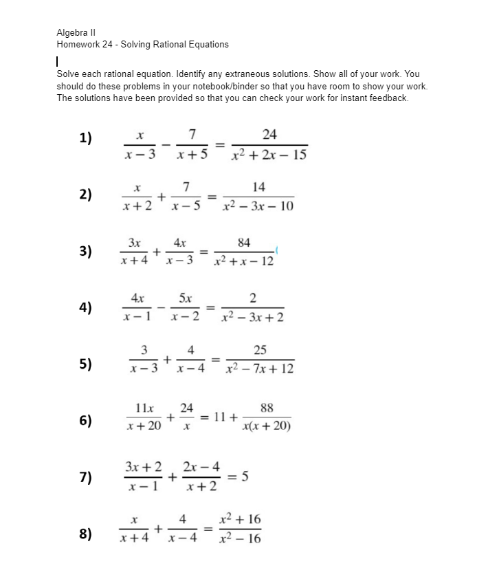 Algebra II Homework 24 - Solving Rational Equations Solve each rational
