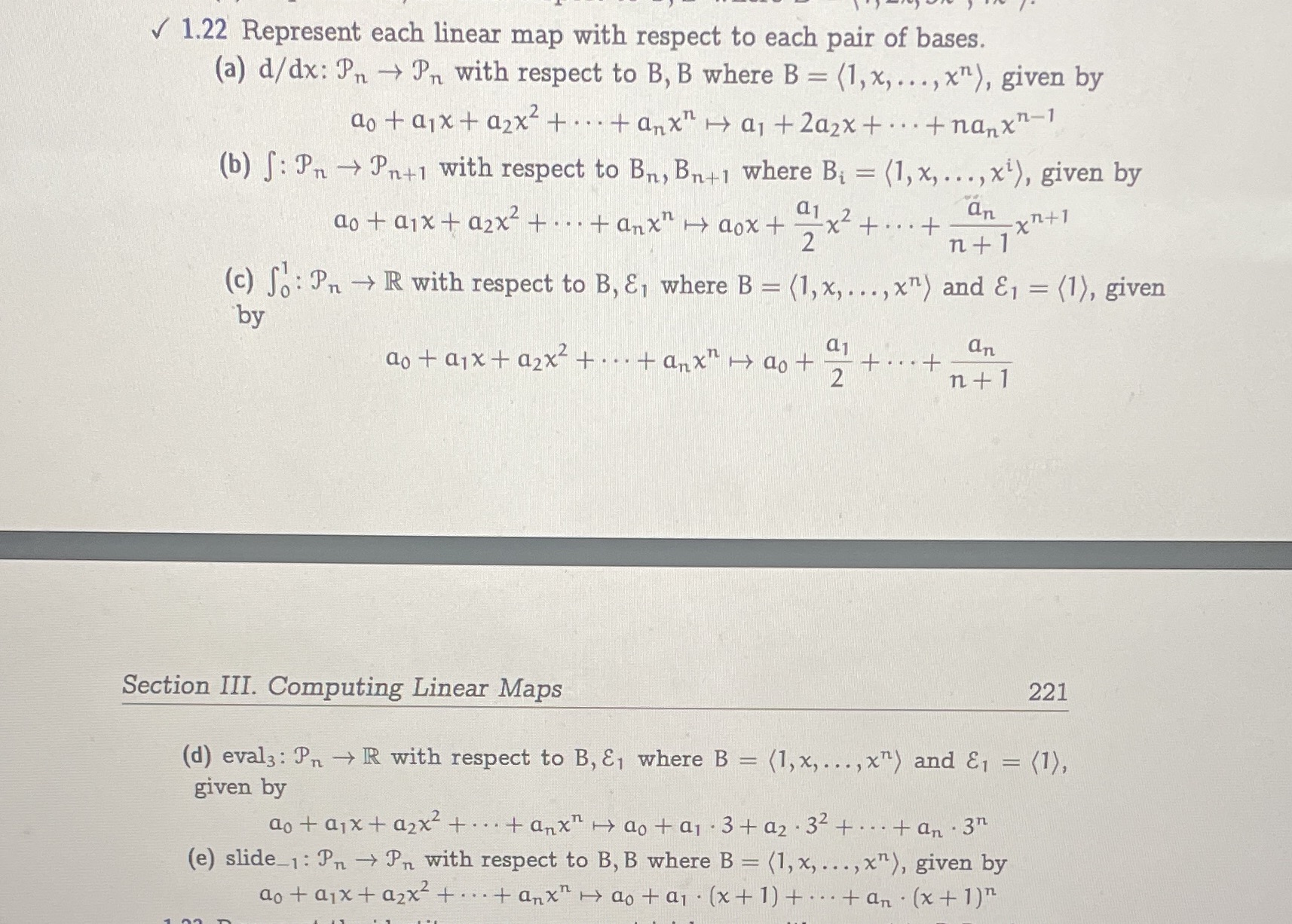 1.22 Represent each linear map with respect to each pair of