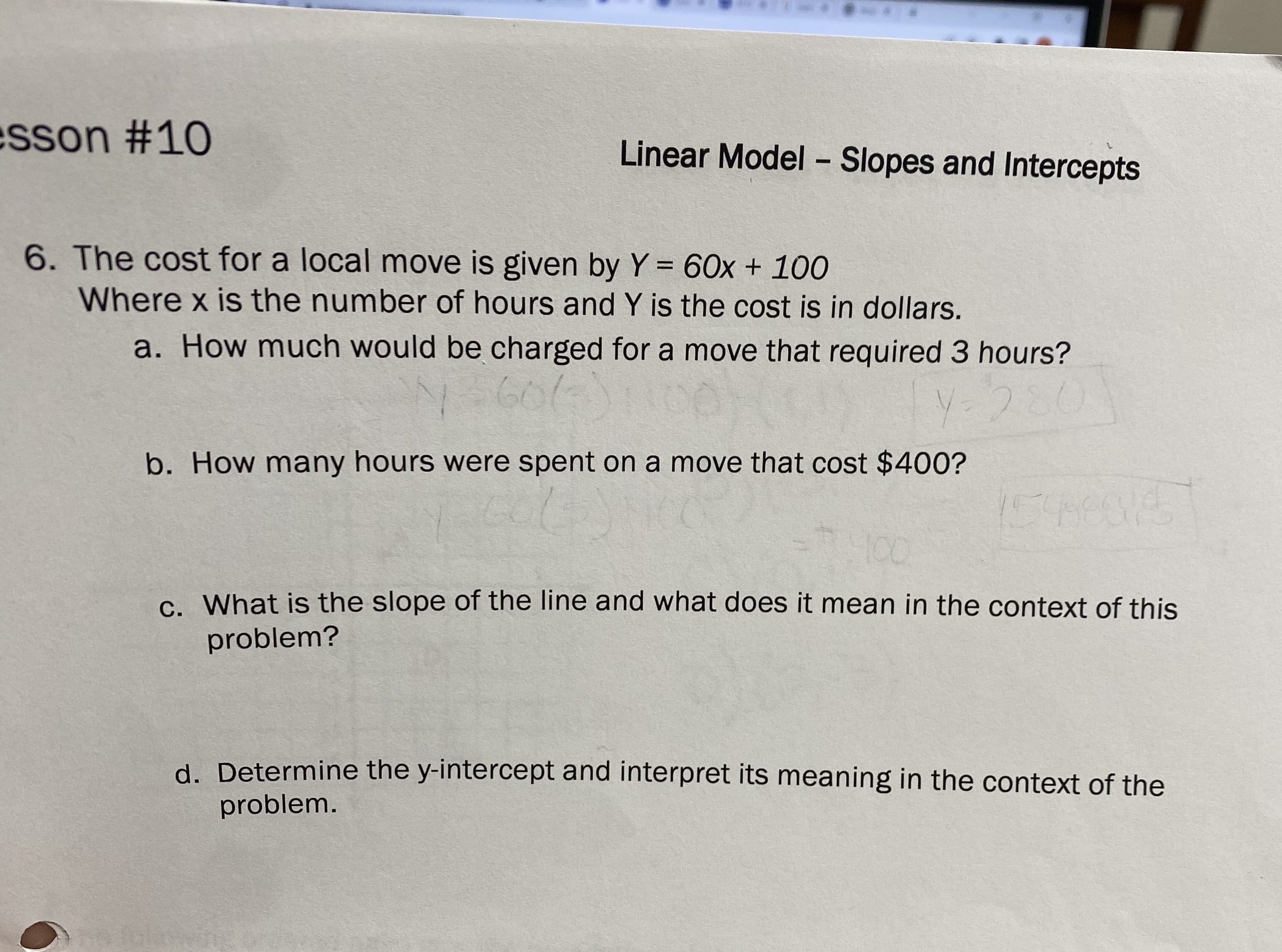 sson #10 Linear Model - Slopes and Intercepts 6. The cost