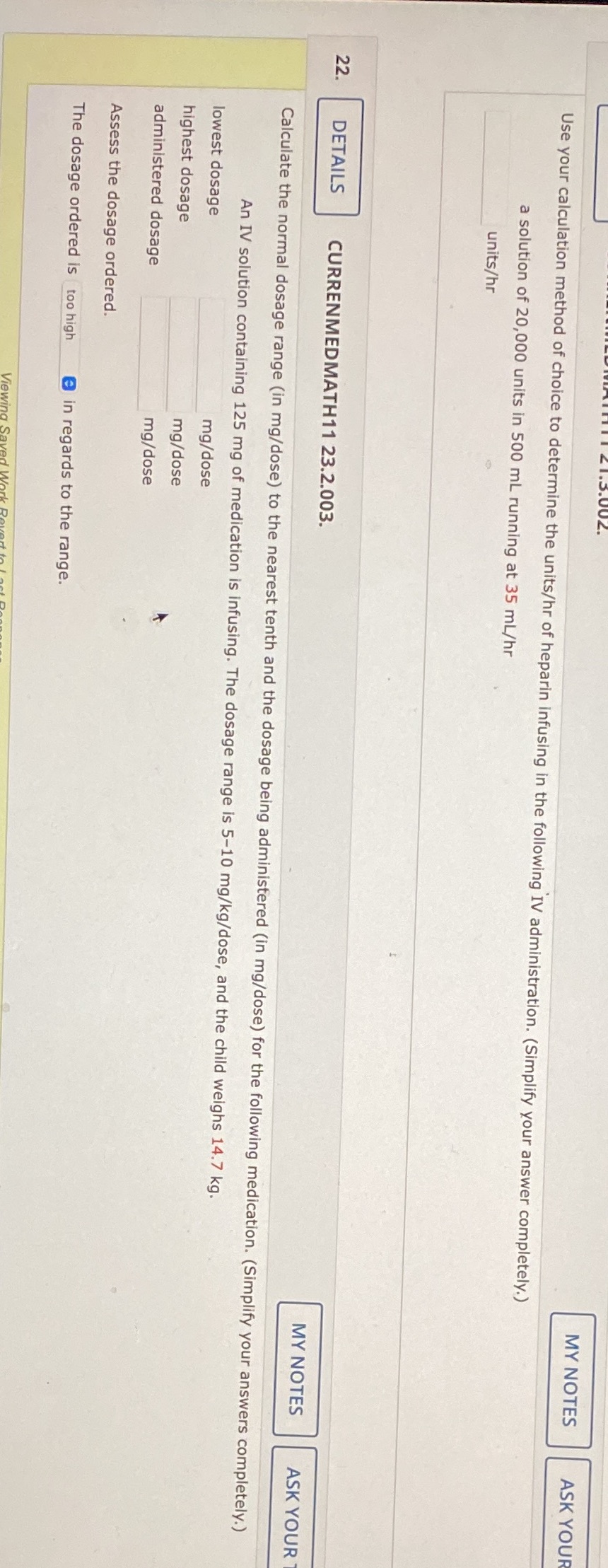 MY NOTES ASK YOUR Use your calculation method of choice to