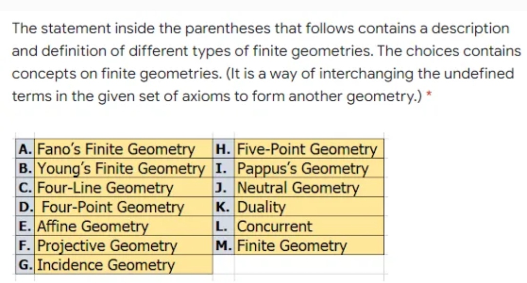 Four-Point Geometry K. Duality E. Affine Geometry L. Concurrent F. Projective Geometry