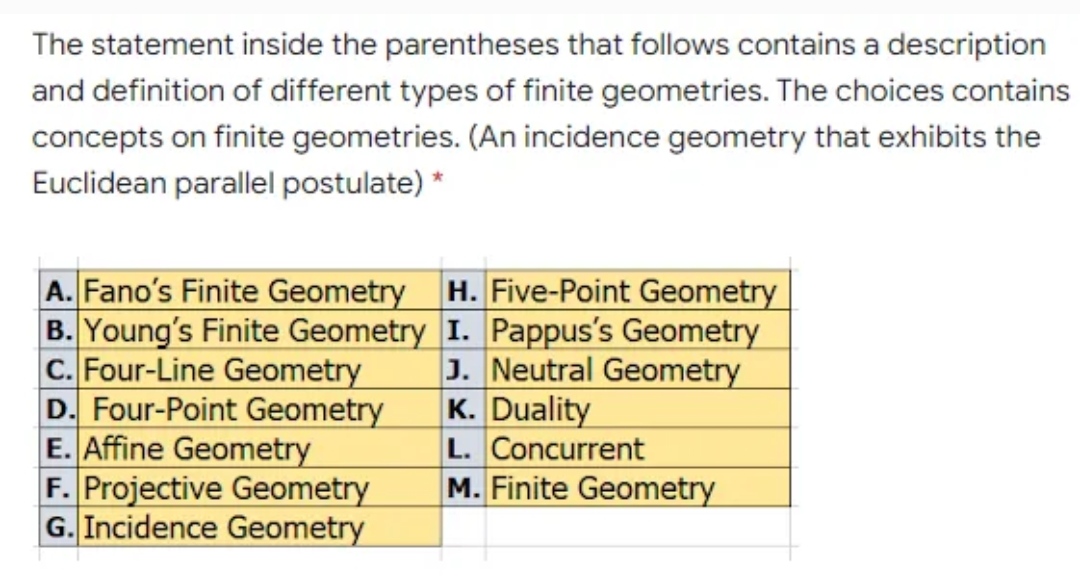 choices contains concepts on finite geometries. (A type of finite geometry that