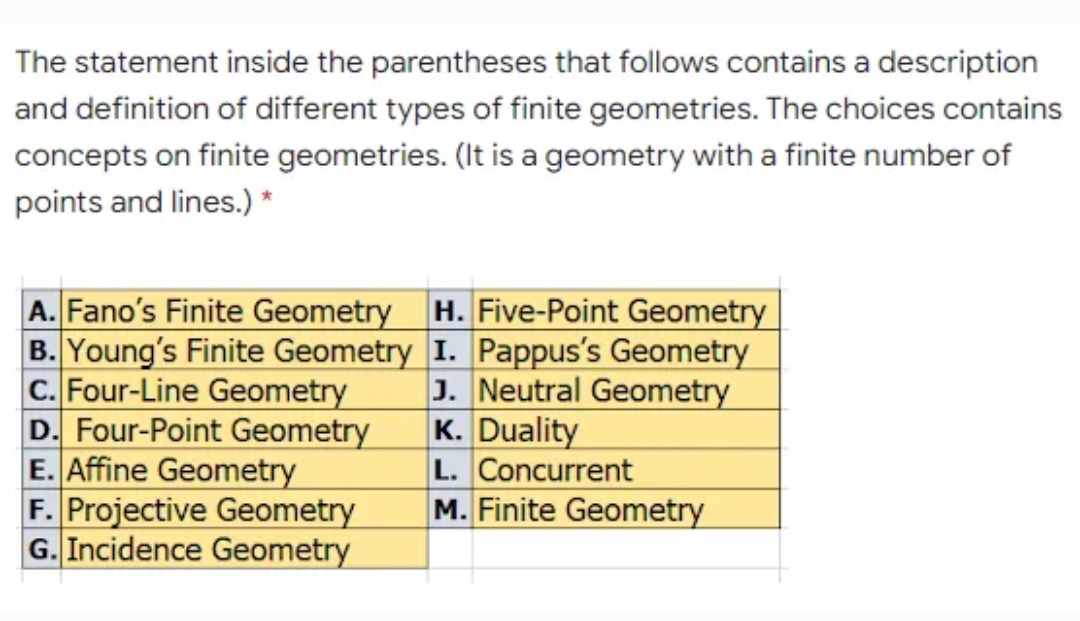 has seven points and seven lines.) A. Fano's Finite Geometry H. Five-Point