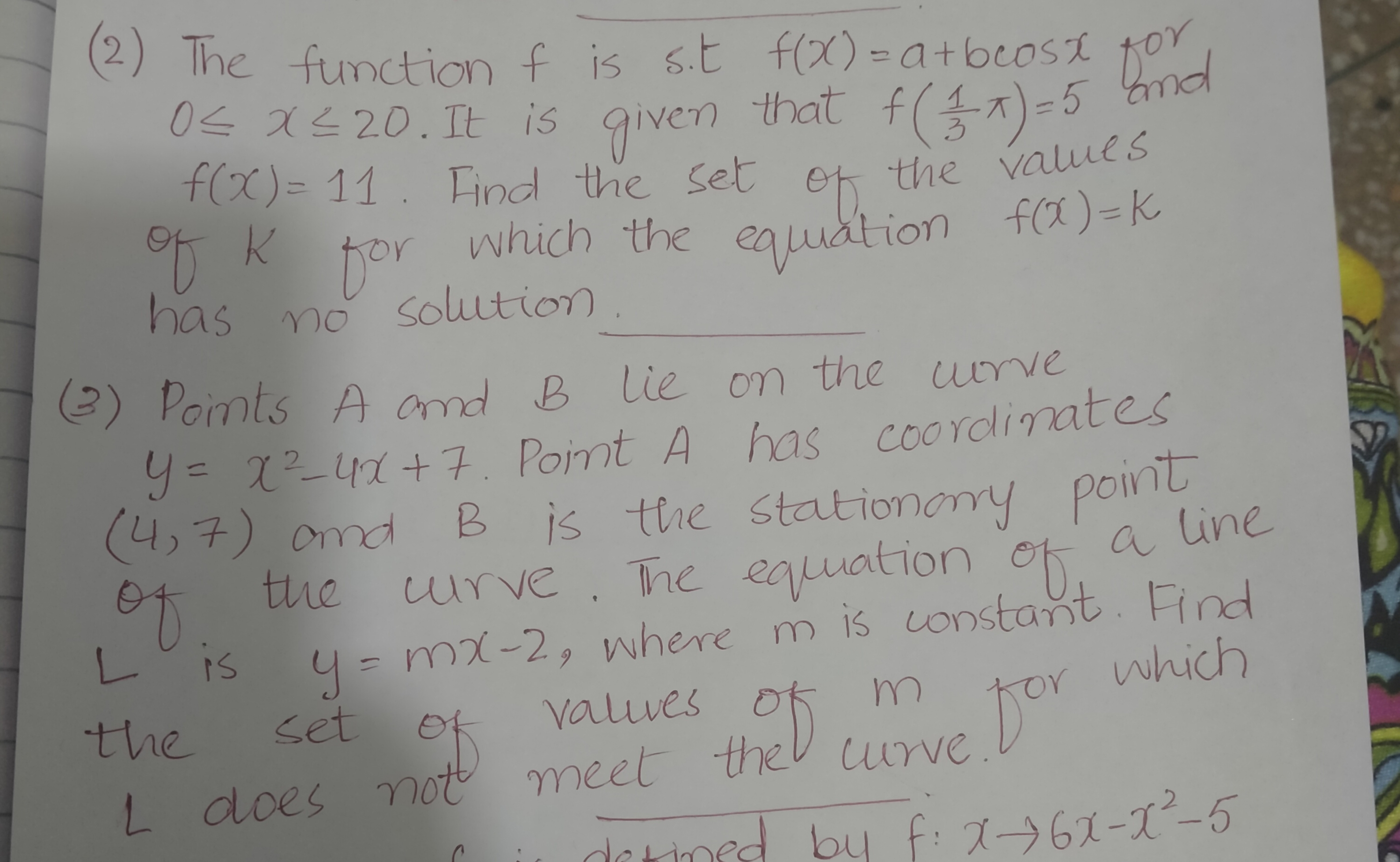 Q 2 & 3 . Topic Quadratic Equations . A level Mathematics