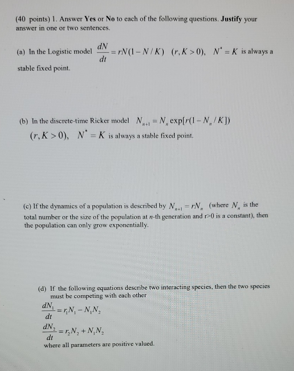 show all work please (40 points) 1. Answer Yes or No to