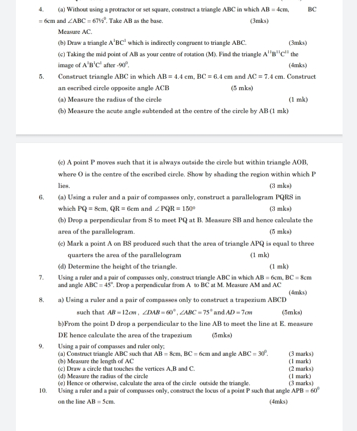 GEometrical constructions 4. (a) Without using a protractor or set square, construct