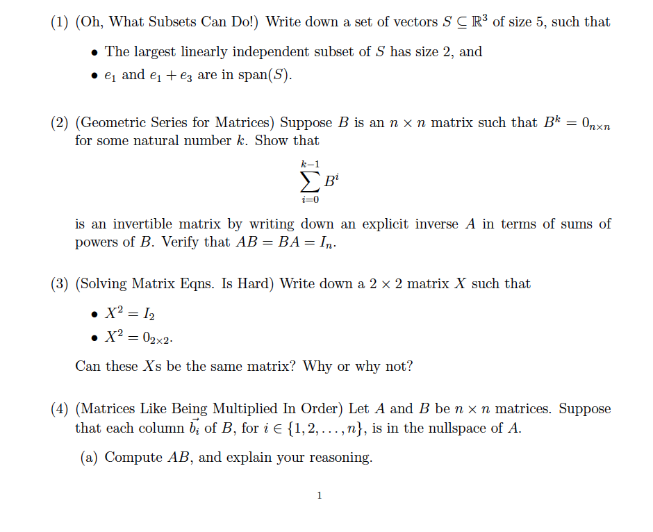 Do not use determinants (1) (Oh, What Subsets Can Do!) Write down