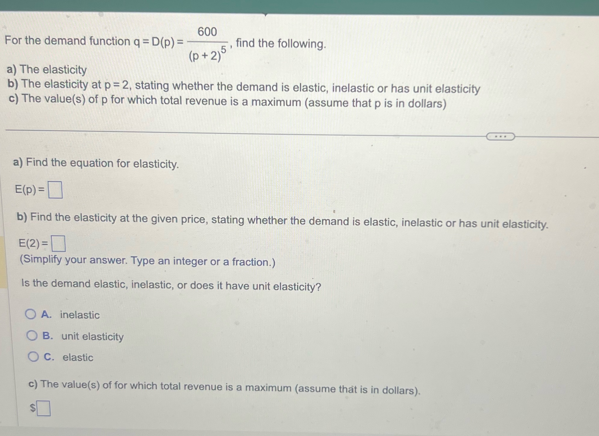 Help 600 For the demand function q = D(p) = ( p