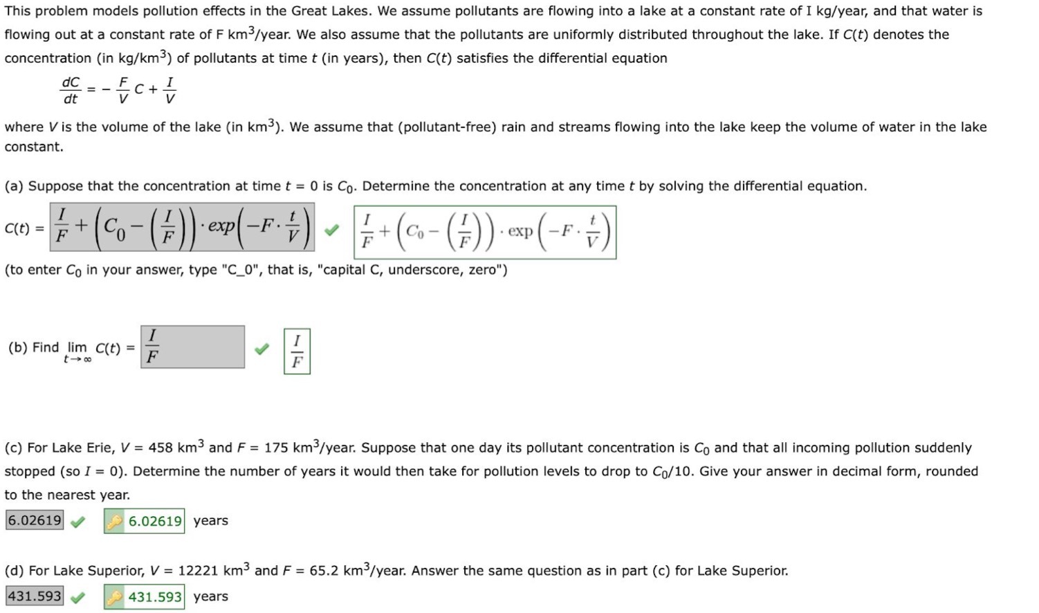  This problem models pollution effects in the Great Lakes. We assume