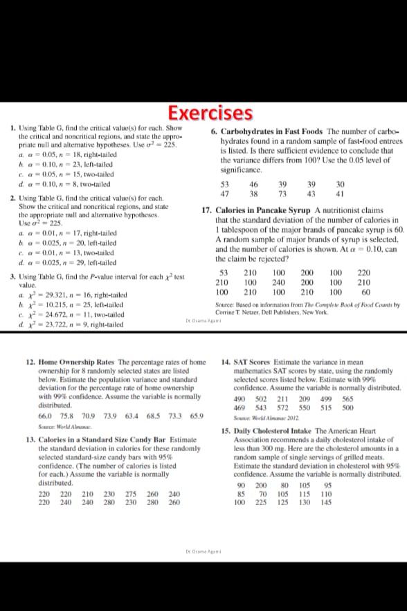  Exercises 1. Using Table G, find the critical value(s) for each.