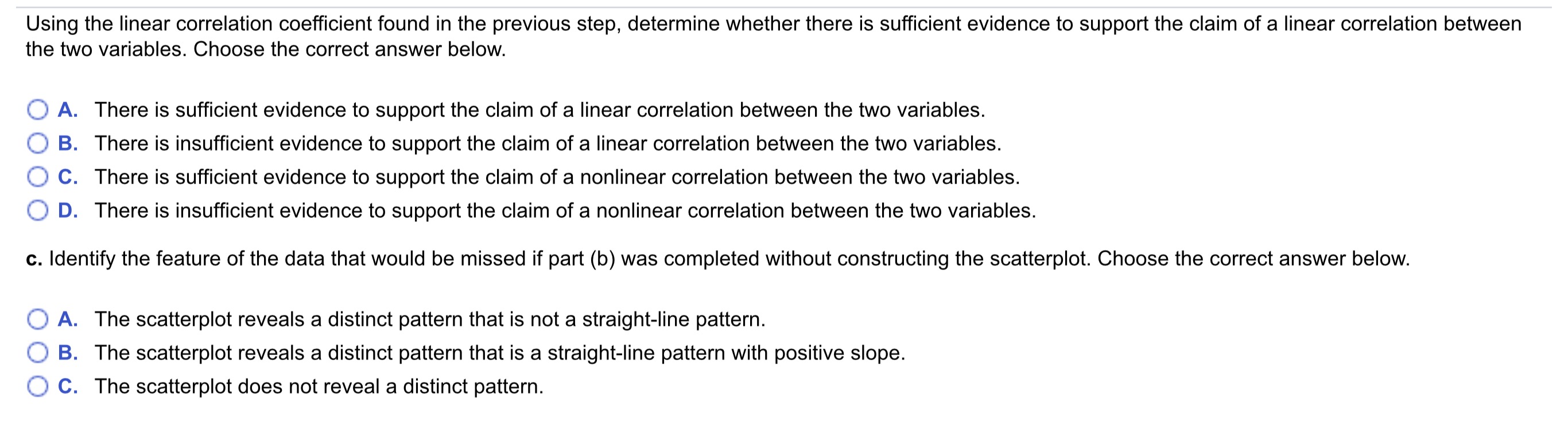  Using the linear correlation coefficient found in the previous step, determine