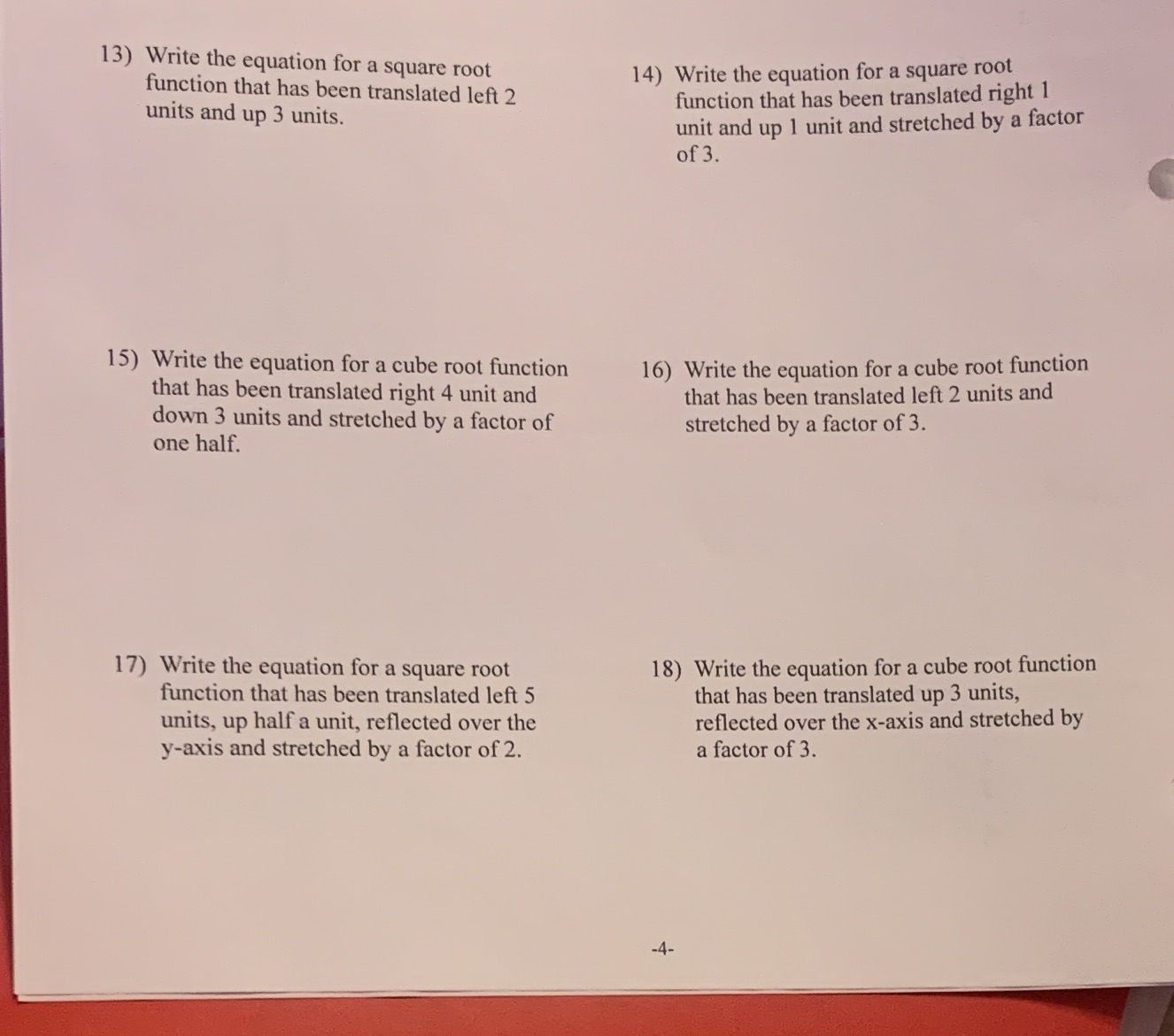  13) Write the equation for a square root 14) Write the