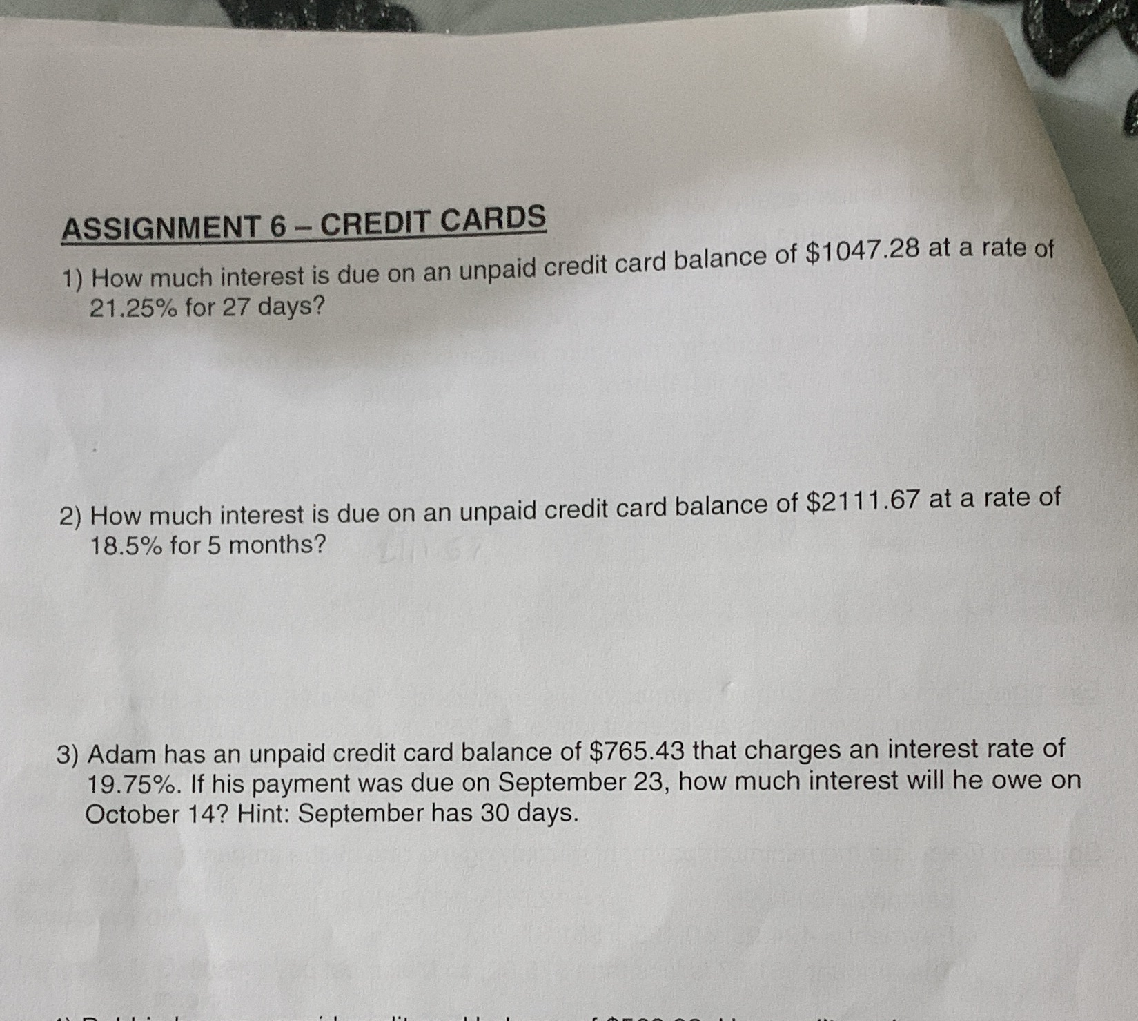 I need help with math *CREDIT CARD* ASSIGNMENT 6 - CREDIT CARDS