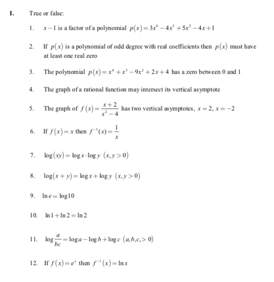 !!!!!!!!!!!!!!! I. True or false: I. x - 1 is a factor