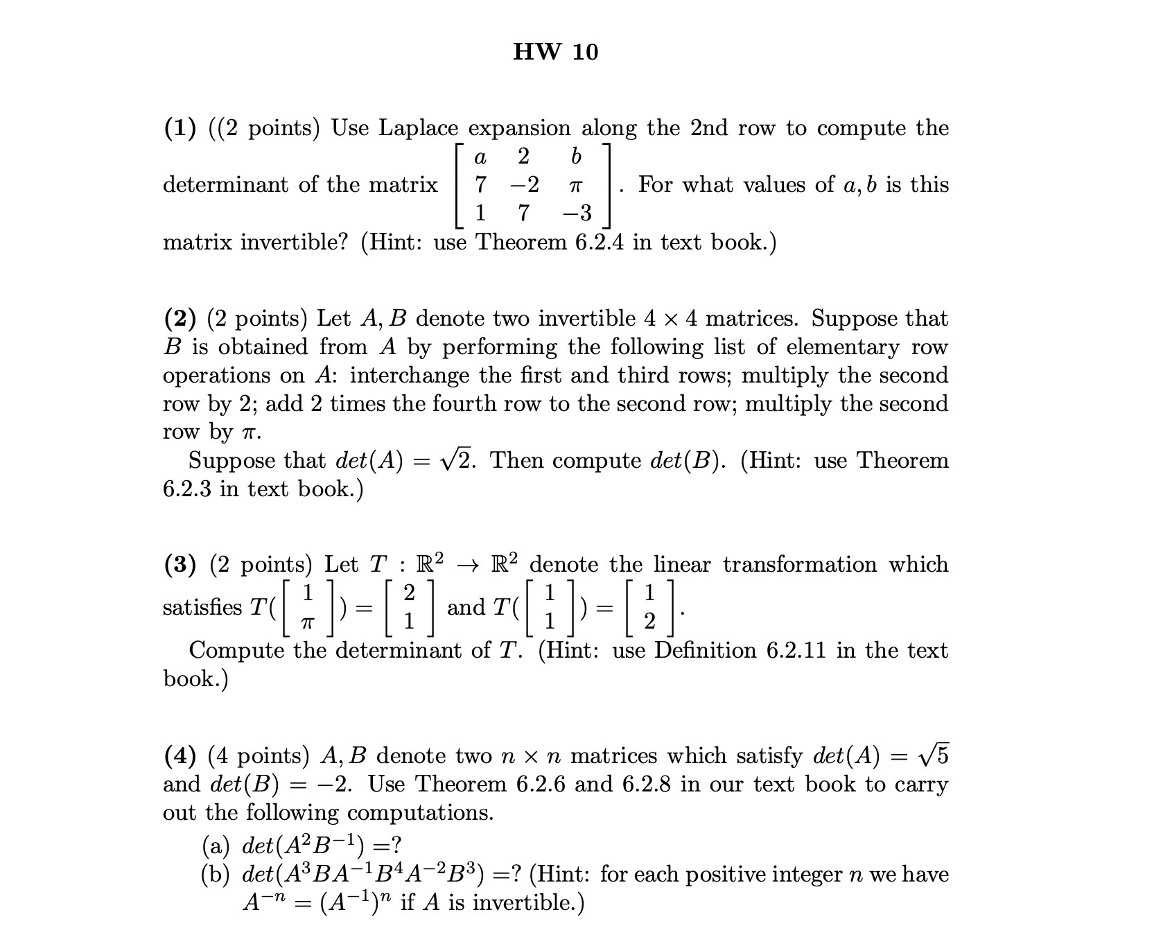  HW 10 (1) ((2 points) Use Laplace expansion along the 2nd