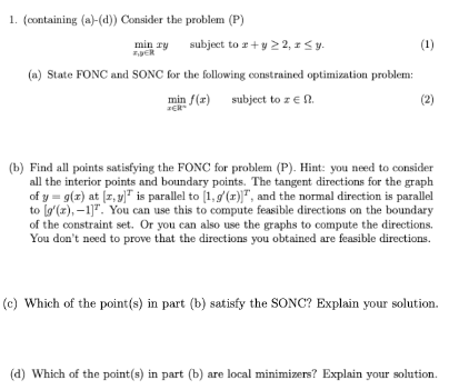 1. (containing (a)-(d)) Consider the problem (P) min ry subject to
