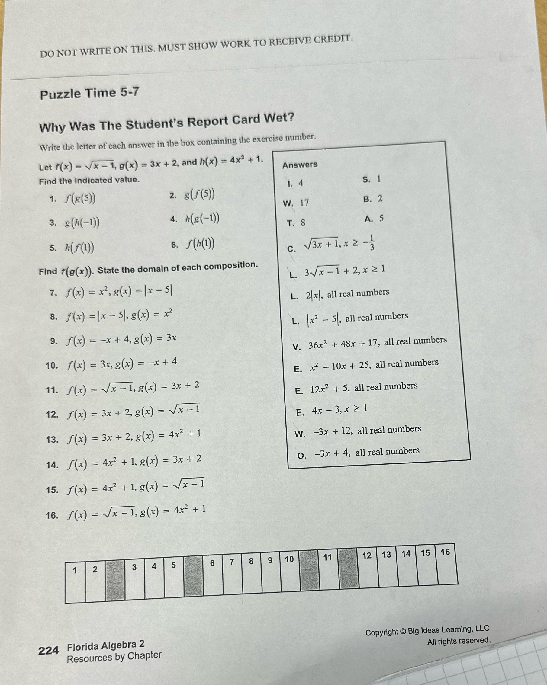  " DO NOT WRITE ON THIS. MUST SHOW WORK TO RECEIVE