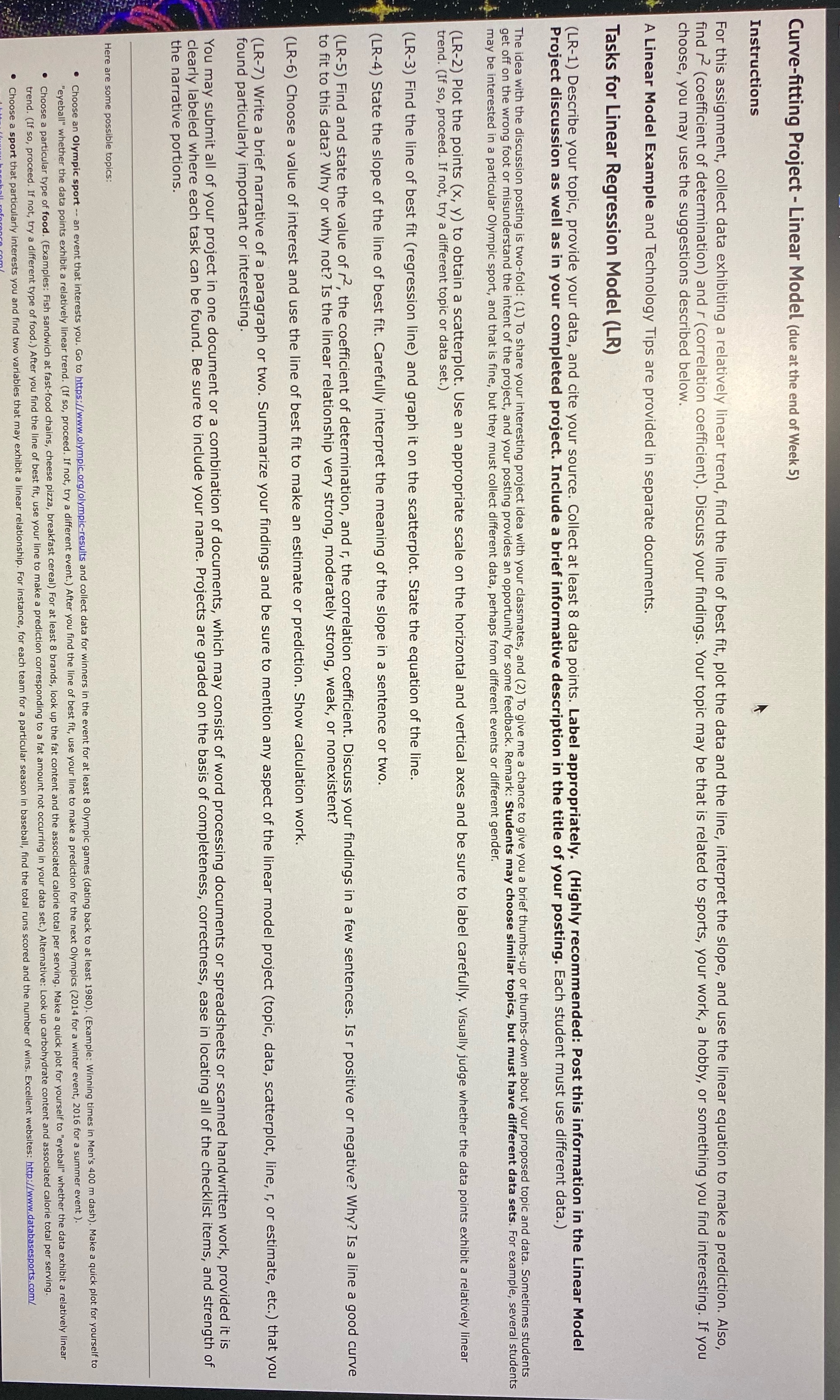 Help with my project please Curve-fitting Project - Linear Model (due at