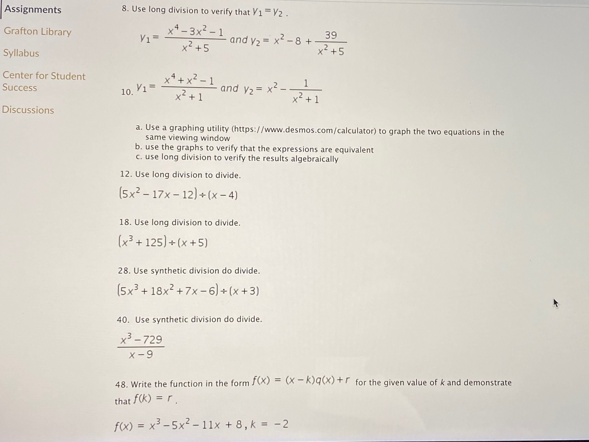 Please answer two attachments 3.3: Assignments 8. Use long division to verify