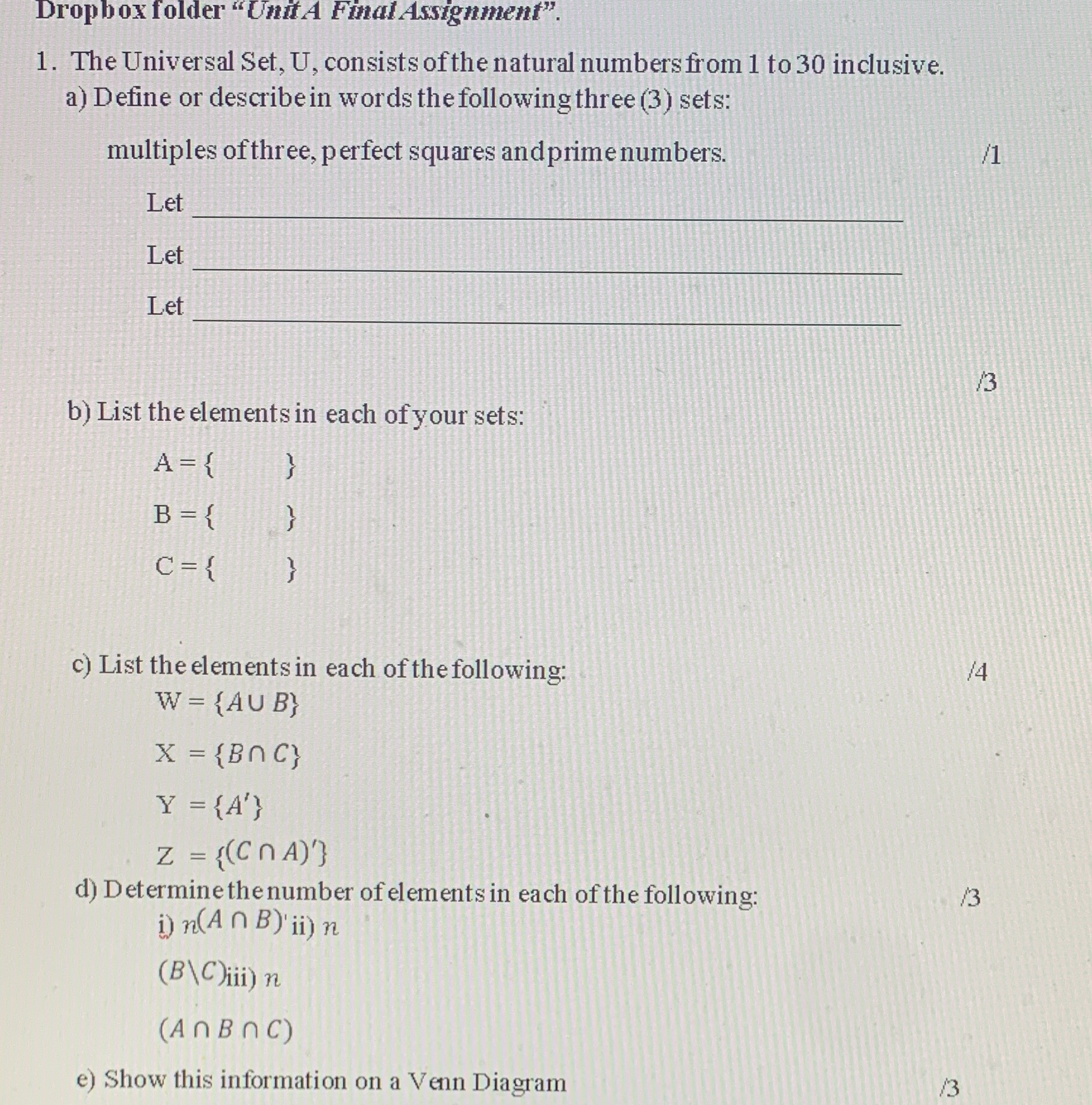 Dropbox folder "UnifA Final Assignment". 1. The Universal Set, U, consists