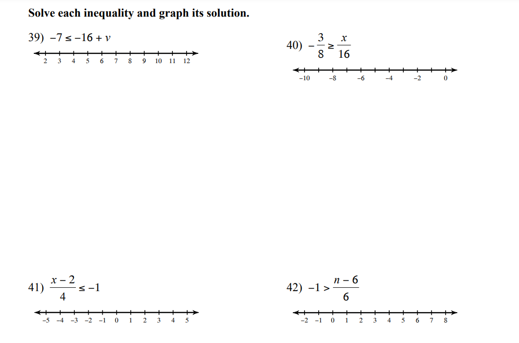 -4 -3 -2-1\fSolve each inequality and graph its solution. 39) -7s-16 +