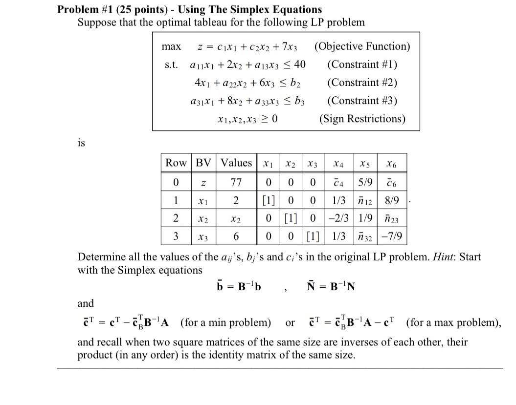  Problem #1 (25 points) - Using The Simplex Equations Suppose that