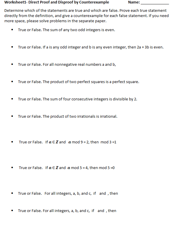 from above} \f\f\f\fWorksheetl- Direct Proof and Disprool by Counterexample Marne: Determine which