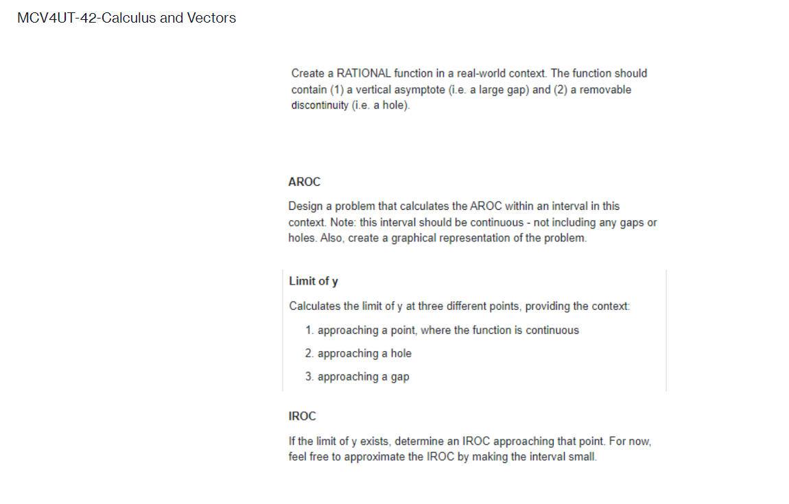  MCV4UT-42-Calculus and Vectors Create a RATIONAL function in a real-world context.