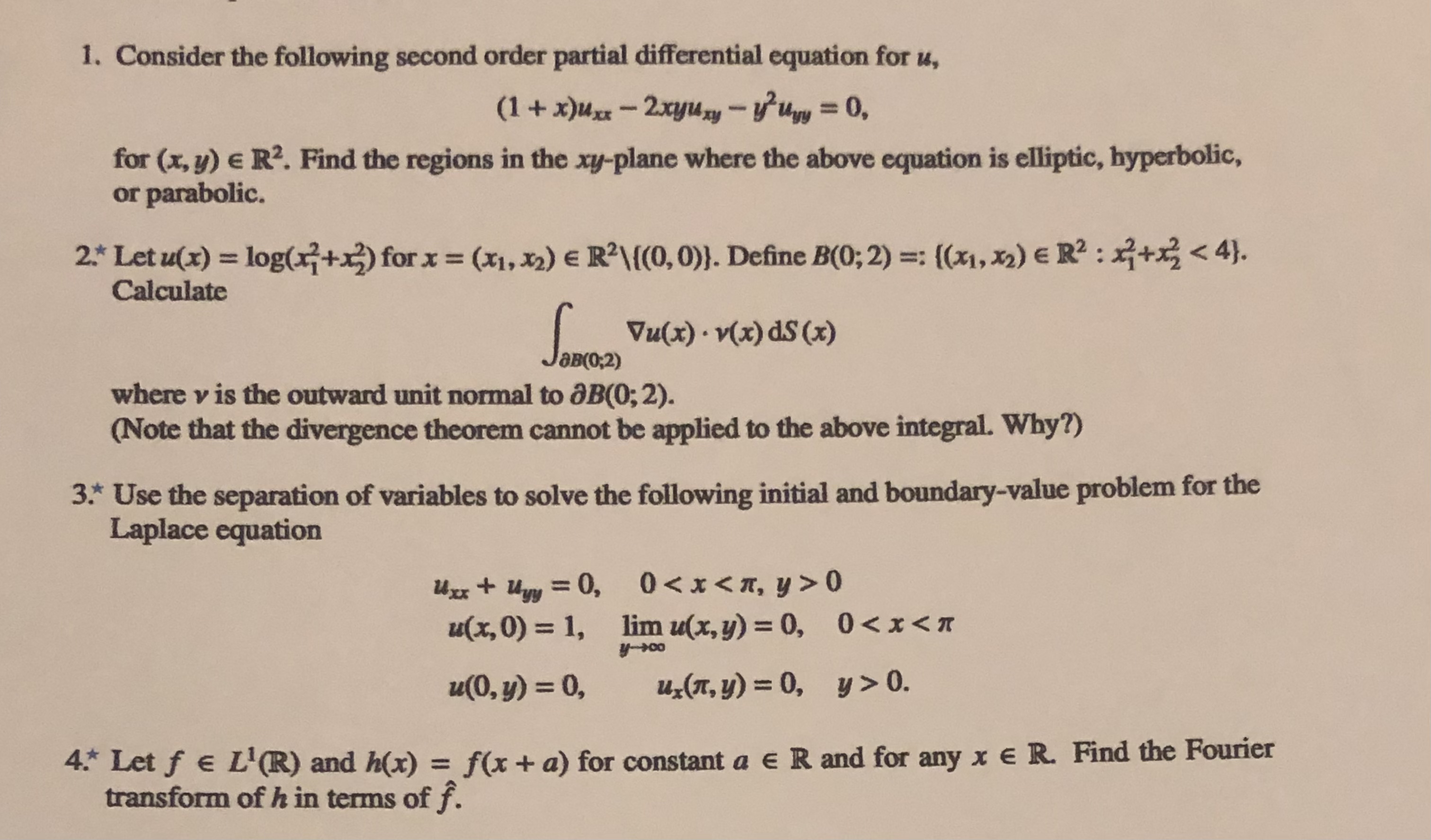 1. Consider the following second order partial differential equation for u,