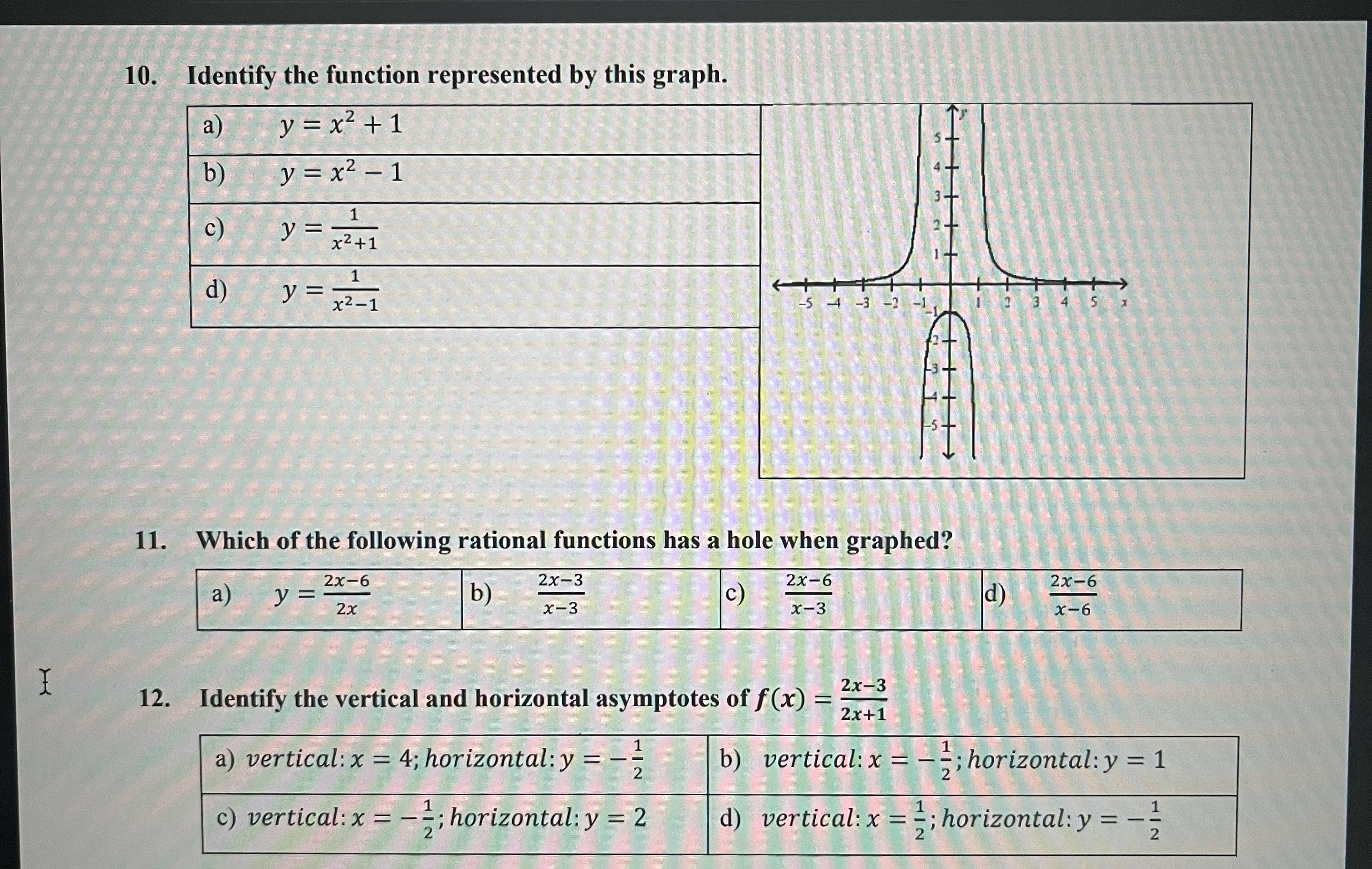  10. Identify the function represented by this graph. a) y =