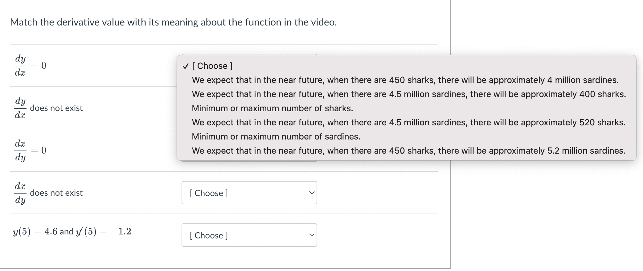 Reference: Match the derivative value with its meaning about the function in