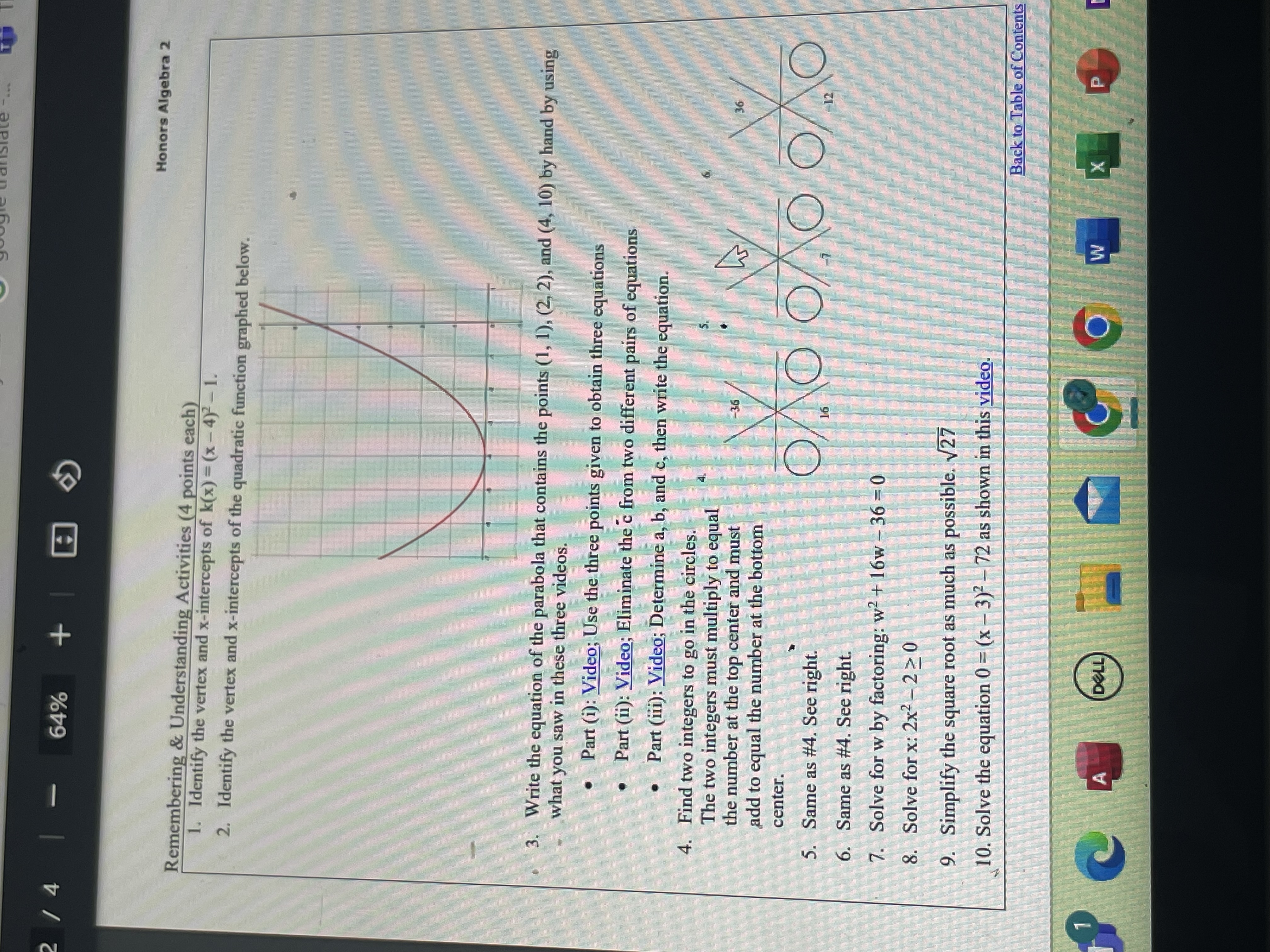  64% + Honors Algebra 2 Remembering & Understanding Activities (4 points