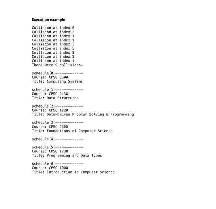lab, you should create a hash table that stores course titles (value)
