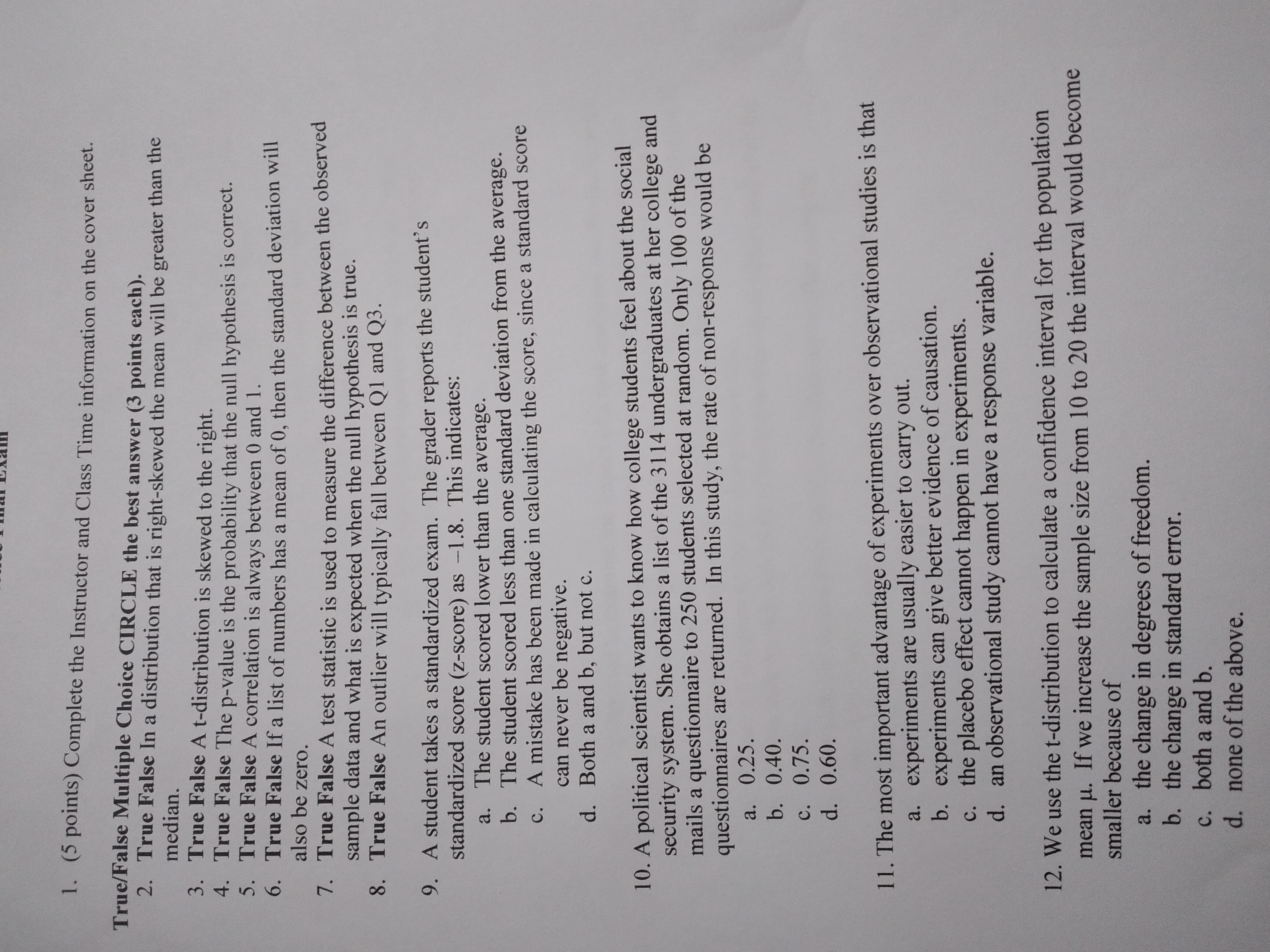 Give answer 1. (5 points) Complete the Instructor and Class Time information