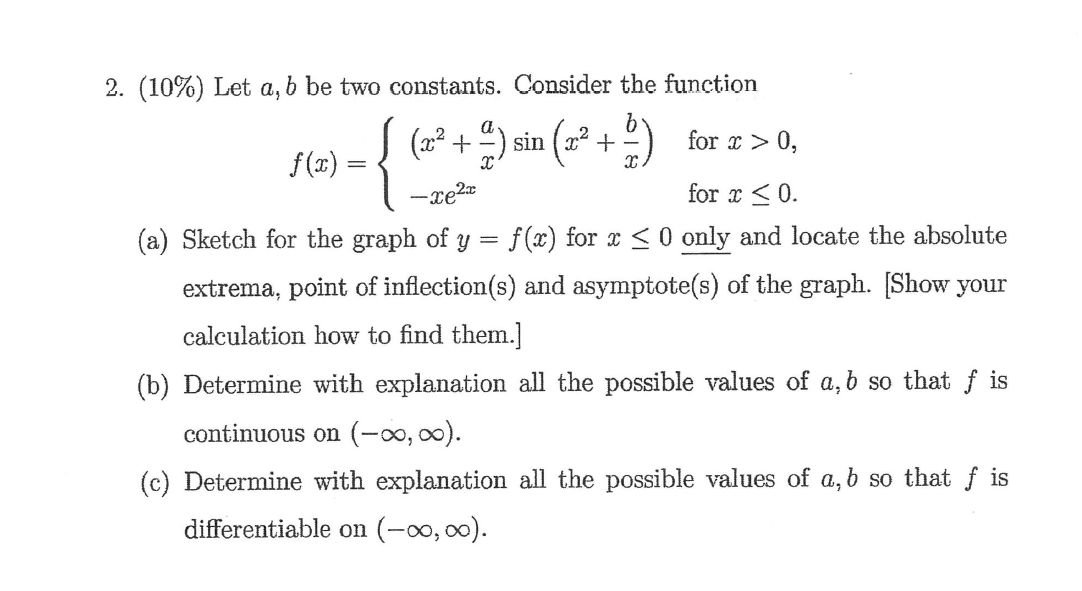  2. (10%) Let a, b be two constants. Consider the function