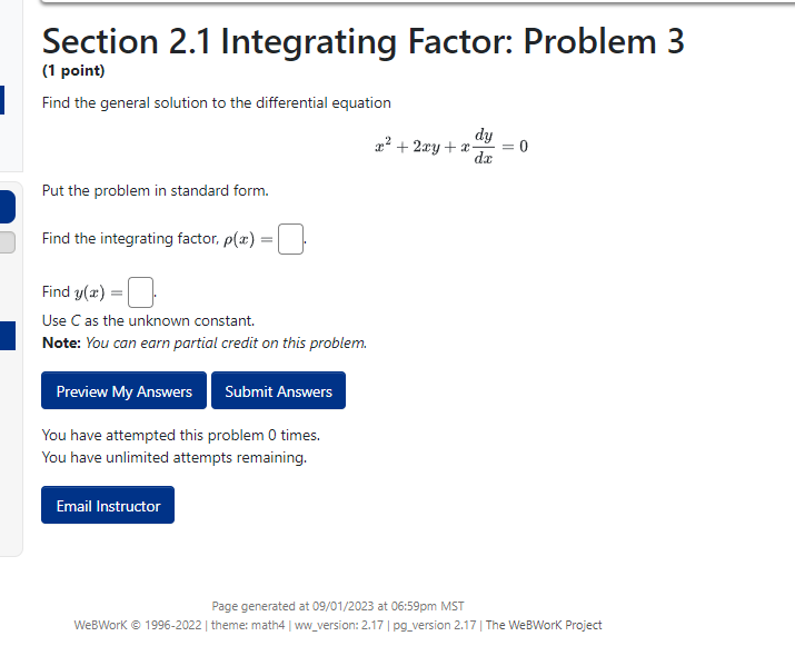 factors. 7t- dy dt ty=t, t>0 Put the problem in standard form.
