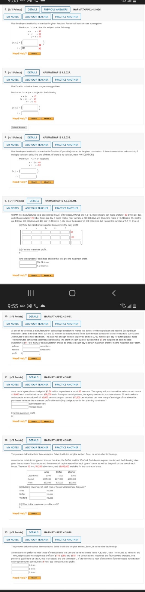the simplex method 6. [0/1 Points] DETAILS PREVIOUS ANSWERS HARMATHAP12 4.3.026. MY