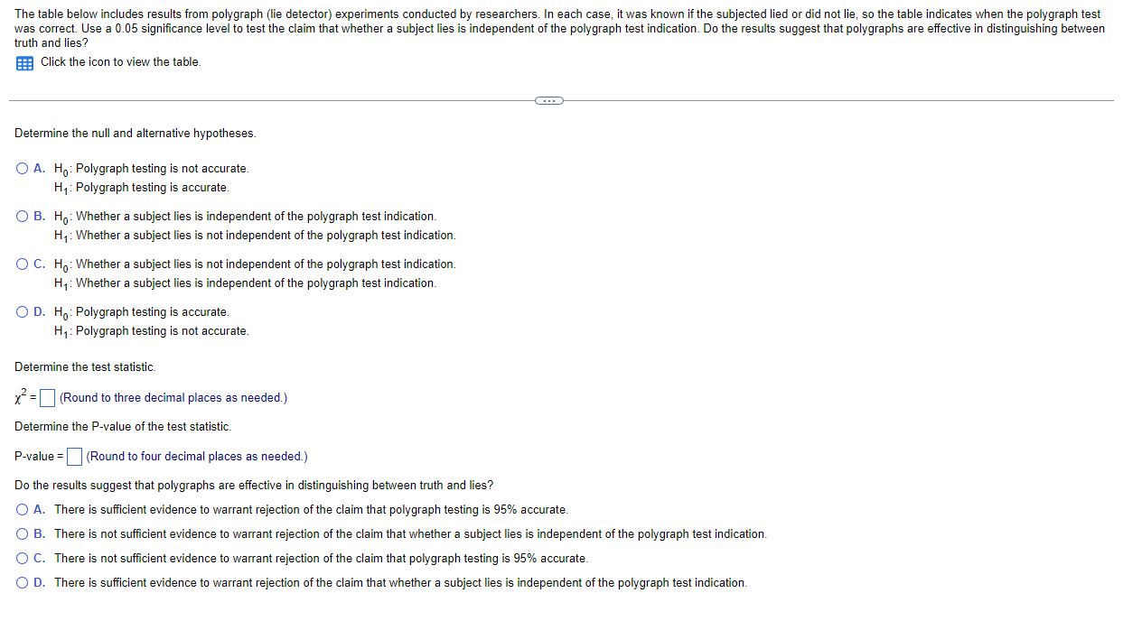  The table below includes results from polygraph (lie detector) experiments conducted