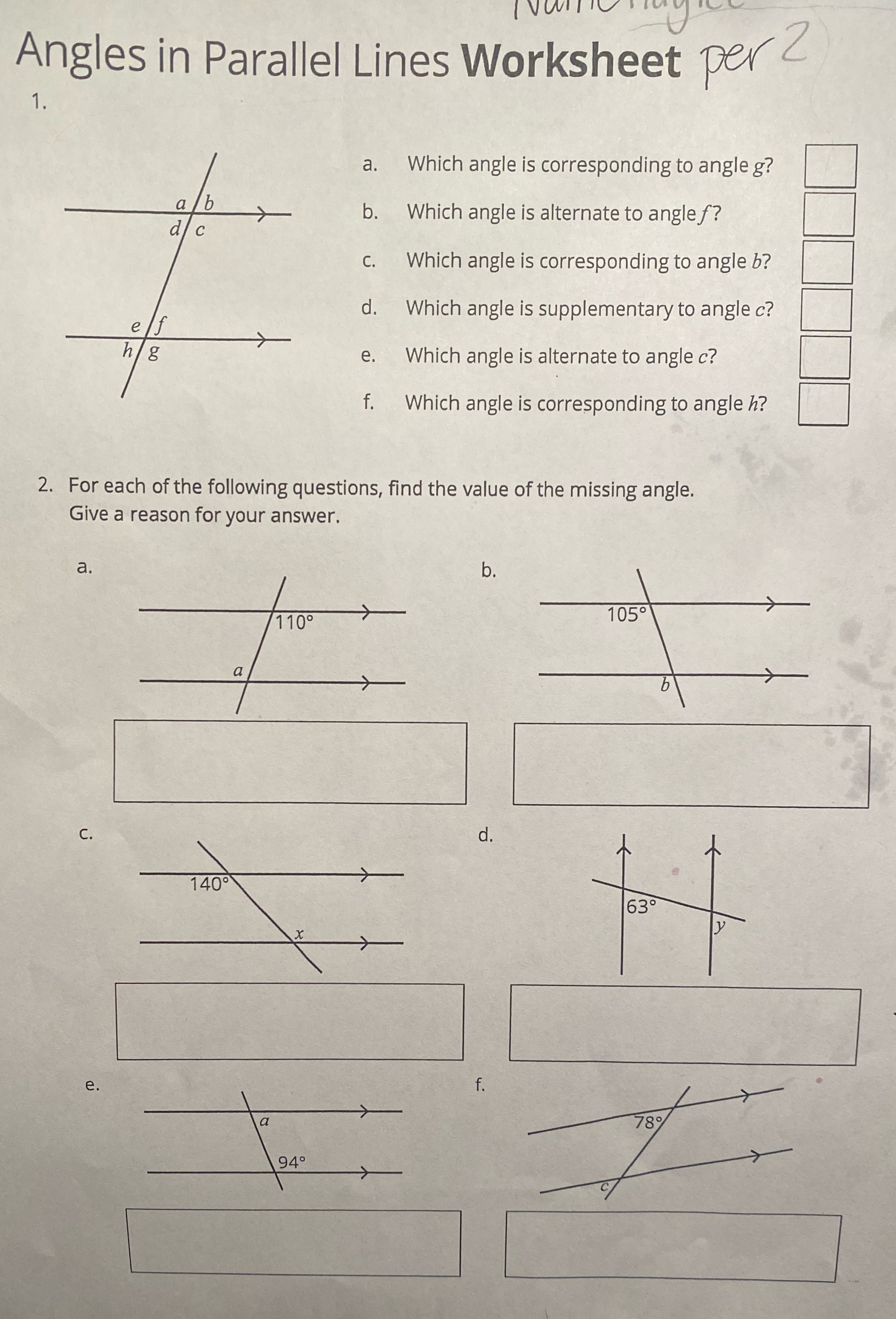 Angles in Parallel Lines Worksheet per 2 1 . a. Which