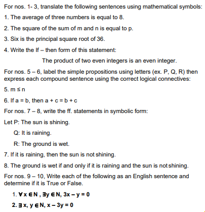 ANSWER 1-10, A. (11-14), AND B.(15-16)Problem Set on Math Language and Logic