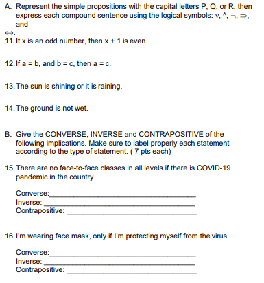 For nos. 1-3, translate the following sentences using mathematical symbols: 1. The