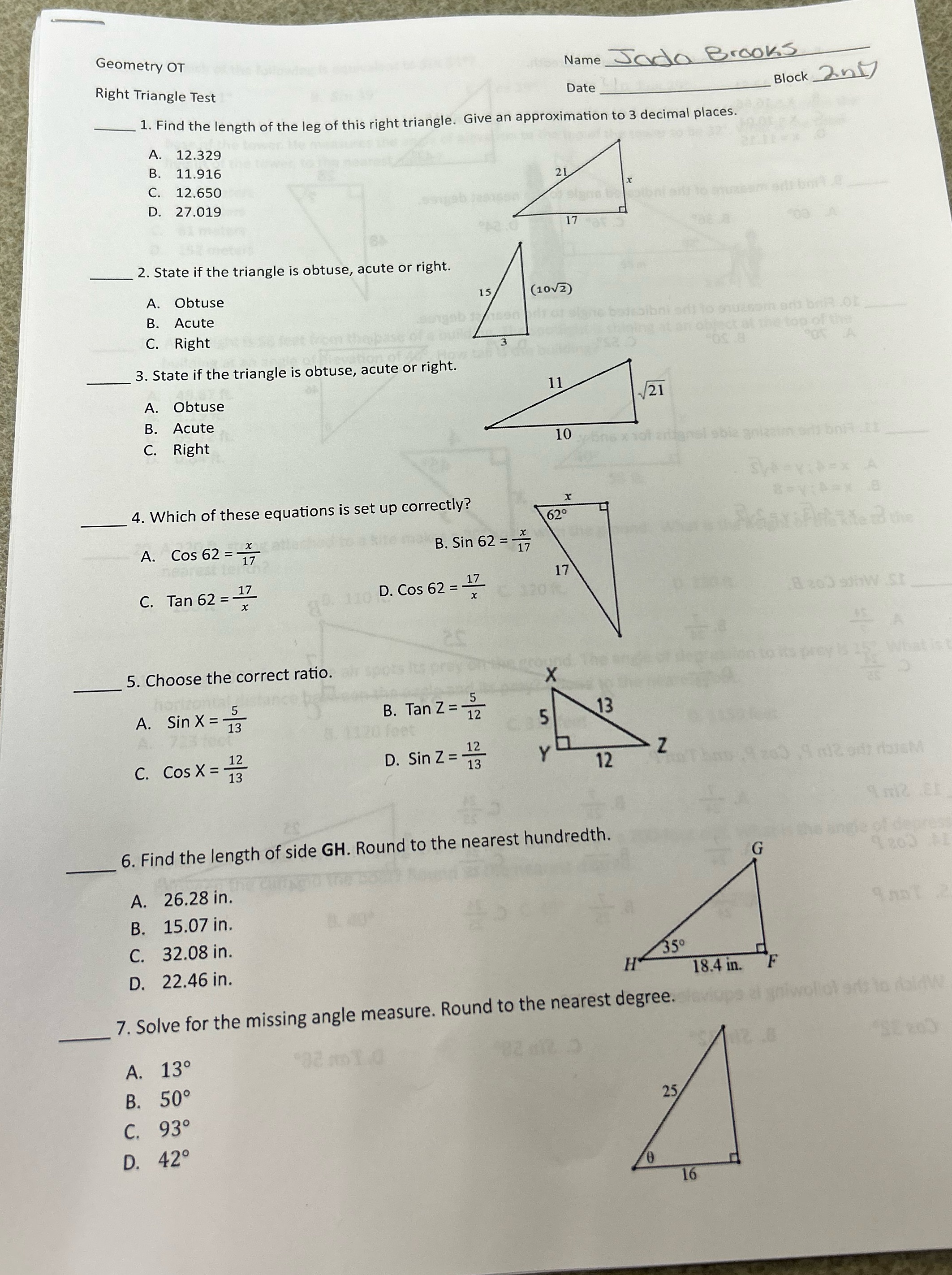 Geometry OT Name Jada Brooks Right Triangle Test Date Block Int]