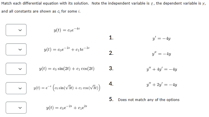 Match each differential equation with its solution. Note the independent variable